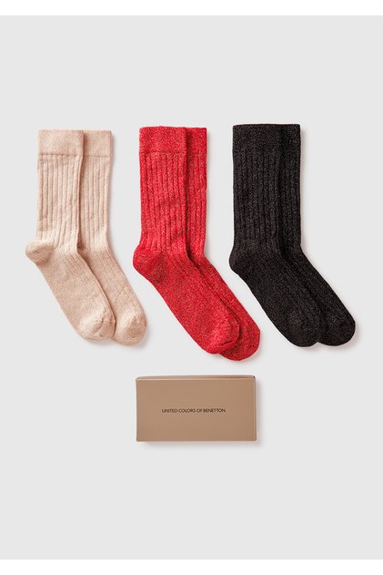 Women's Red Mix Cotton Blended 3-Piece Socks Set