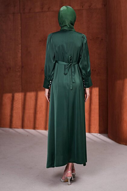 majButik Emerald Green Satin Evening Dress with Cufflinks and Belt at the  Waist- Trendyol
