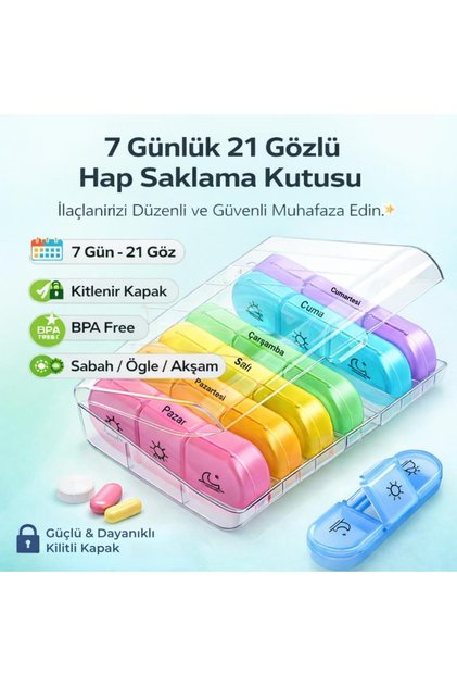 Haftalık İlaç Saklama Kutusu 21 Gözlü Kilitli Kapaklı Hap İlaç Vitamin Saklama Kutusu Kabı