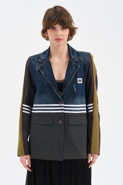 Women's Denim Fabric Garnished Stripe Detailed Design Blazer Jacket