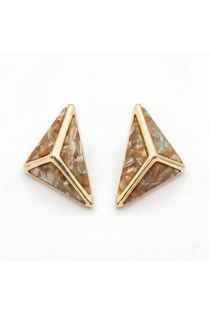 Coffee-Ecru Marble Patterned Triangle Earrings