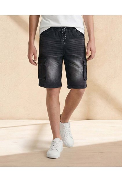 Senior Boys Black Knit Denim Cargo Shorts