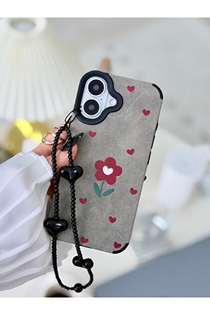 Iphone 17 Uyumlu Kaplama Charm Bordo Çiçek Tasarımlı Oyuncaklı Esnek Silikon Kılıf