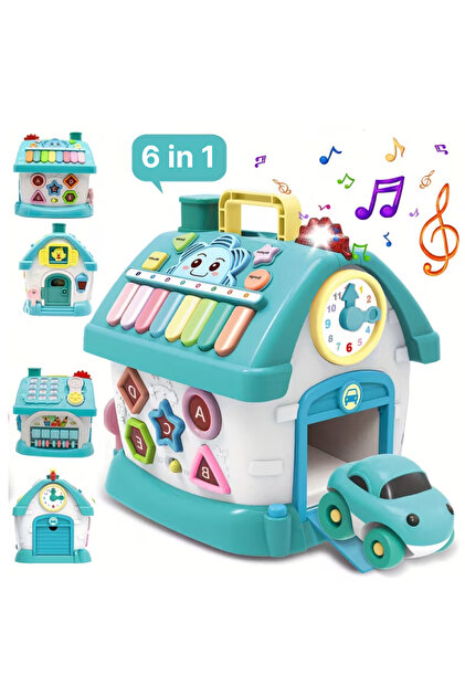Casuta interactiva educativa pentru copii, cu sunete si lumini, 21x20x18,5 cm, albastru, +18 luni