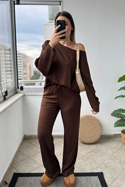 Kayak Neckline Modal Burgundy Modal Tracksuit Set