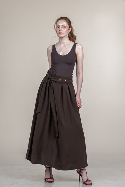 Women's Summer Coffee Color Eyelet Belt Detailed Skirt Stylish Daily Comfortable 6870