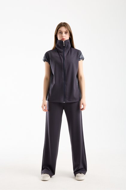 Modal Oversize Tracksuit Set with Stand-Up Collar, Full Zipper, Side Jesica Garnish, Loose Fit Set