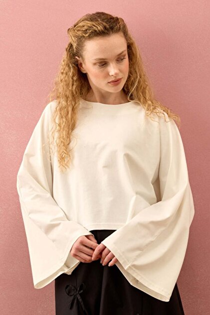 Ecru Single Jersey Bat Sleeve Crop