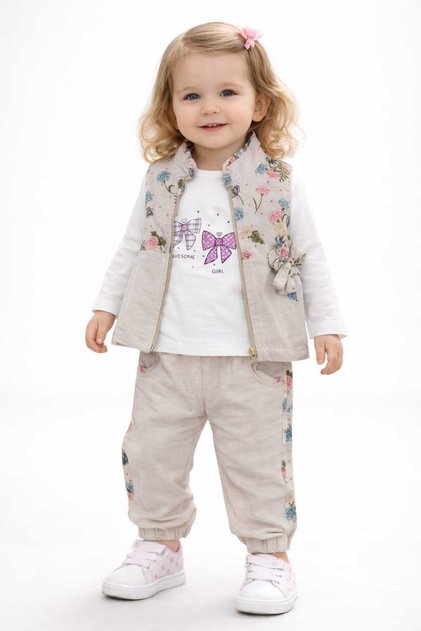 Baby Girl Linen Zippered Vest Pants Swaetshirt 3-Piece Set
