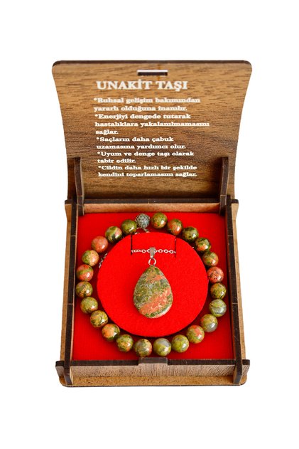 Unakite Stone Boxed Bracelet and Necklace Set – Natural Stone – Wooden Gift Box – for Women & Men