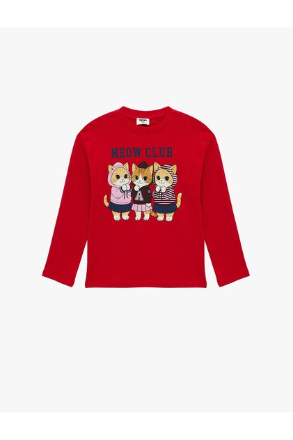 Cat Printed Red Girls' Long Sleeve T-Shirt 6Skg10365Ak