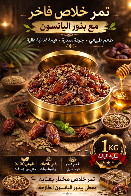 علبة تمر خلاص القصيم فاخر مع بذور اليانسون – 1 كيلو في علبة مذهبة
