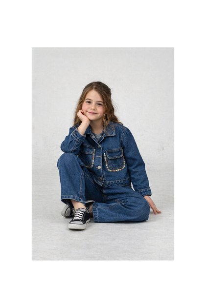 Girls' Denim Suit with Flower Embroidery Detail