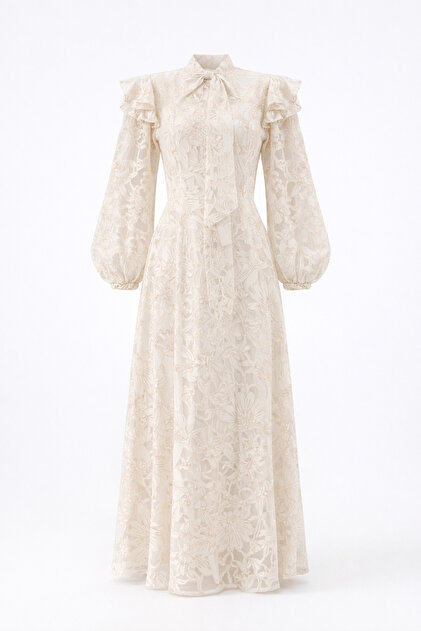HAZELANNA Lace Embroidered Scarf Collar Ecru Dress- Trendyol