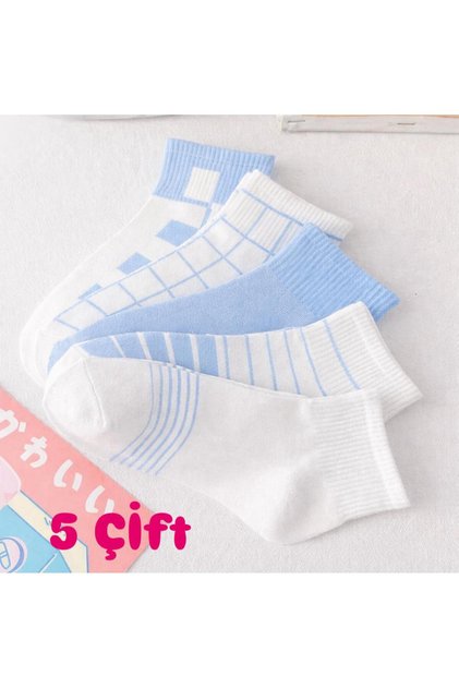 Women's Blue Patterned Cotton Half-Cone College Socks Set