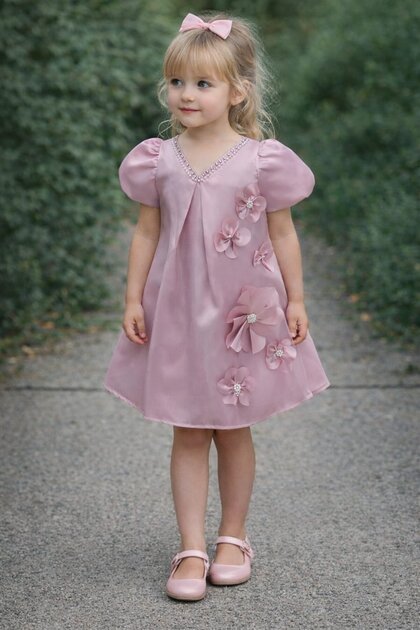 Tarz ocuk Girl's Powder Pink Floral Appliqu Evening Dress for 4-5-6-7 Years  Old Special Occasion & Birthday Dress- Trendyol