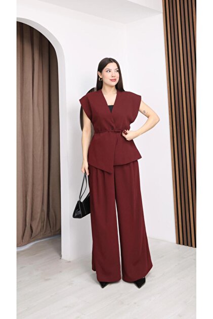 Women's Fabric Set - Burgundy Vest & Trousers (Palazzo, Wide Leg) Two-Piece Set
