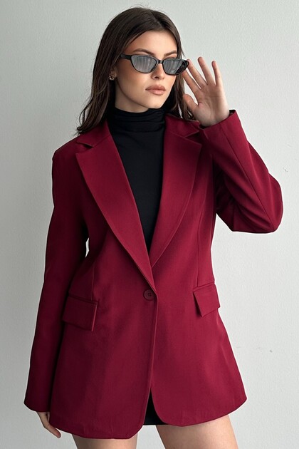 Kadın Bordo Düğmeli Oversize Blazer Ceket