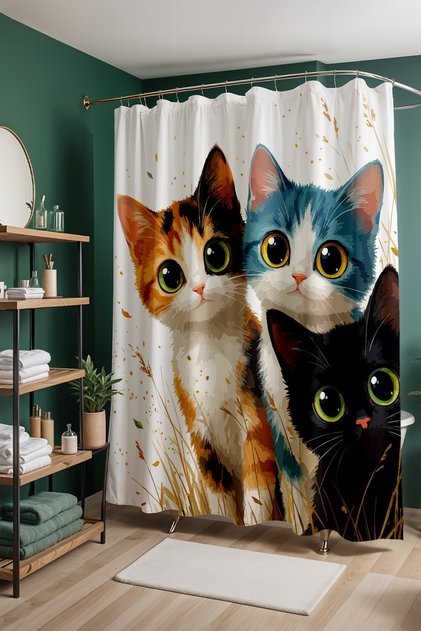 Bathroom Curtain, Ponçik Cats Patterned Shower Curtain, Bathtub Curtain 175X200Cm