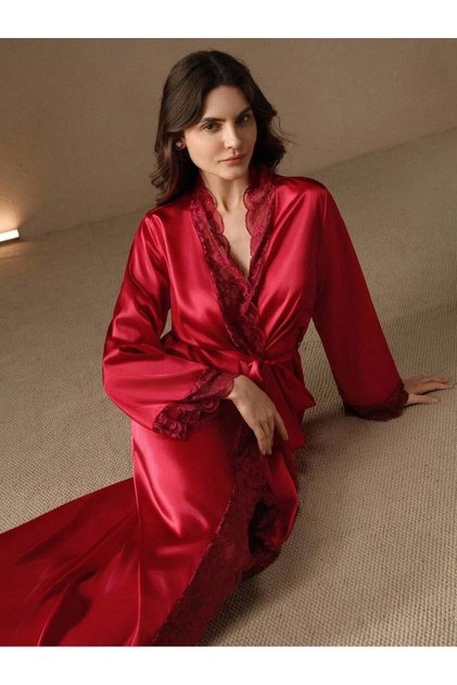 Women's Dressing Gown Double Breasted Collar and Sleeve Lace Detailed Long Plain and Elegant Dressing Gown