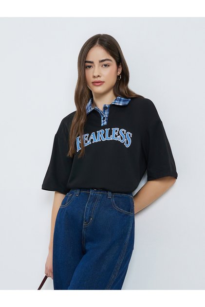Black Oversized Slogan Print Polo T-Shirt