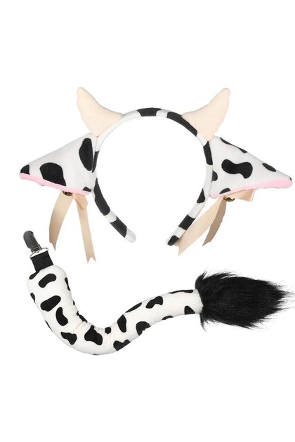 2pcs Cartoon Plush Cow Ears Horn Headband with Small Bells Ribbon Bow Anime Lolita Hair Hoop Kawaii