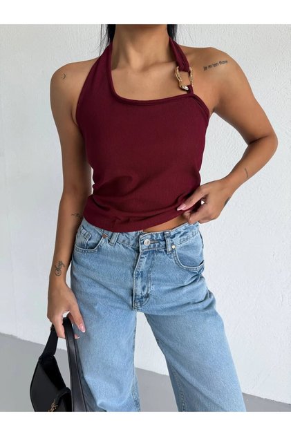 Women's Burgundy Ottoman Fabric Halter Collar Buckle Detail Blouse Hzl26W-Fry123321