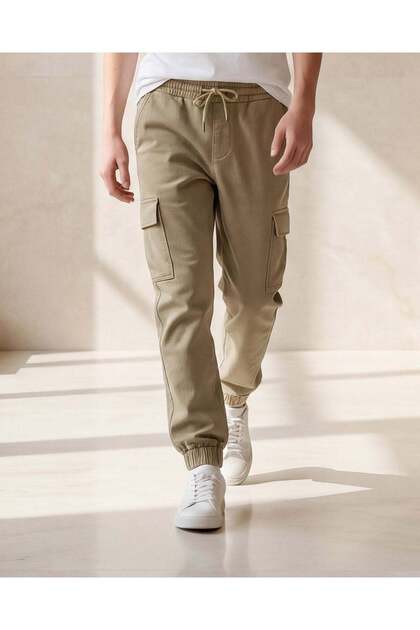 Senior Boys Beige Knit Denim Cargo Jogger