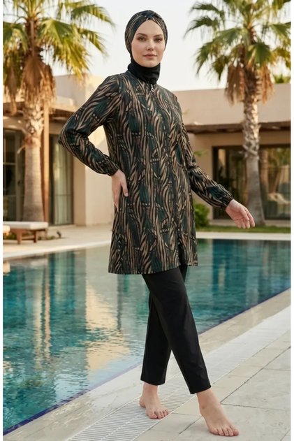 Hijab Swimsuit Patterned 2-Piece Set 1903-11 Petrol