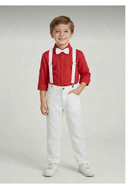 Boys' April 23 October 29 Red Long Sleeve Shirt White Pants White Suspender Bow Tie Suit