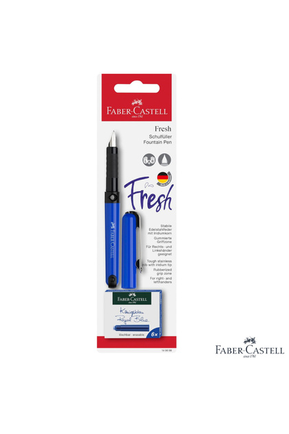 Set stilouri școlare Faber-Castell albastre cu 6 cartușe de cerneală