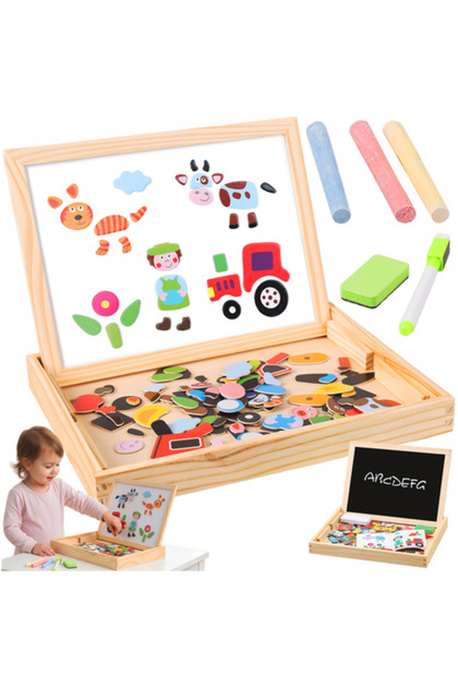 Tabla magnetica educativa 2 in 1, 108 piese, marker, creta, 30.5x23.5x3.5 cm, cutie lemn