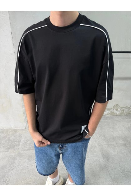 Men's Striped Detailed Crew Neck Oversize T-Shirt
