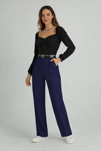 Women's Navy Blue High-Waisted Palazzo Fabric Trousers – Stylish Wide-Legged (Belt Not Included)