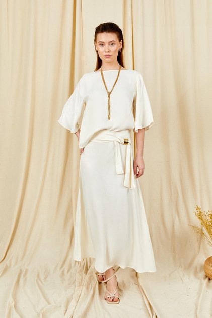 Women's Cream 9090 Short Sleeve Low Sleeve Skirt Gold Buckle Satin Suit