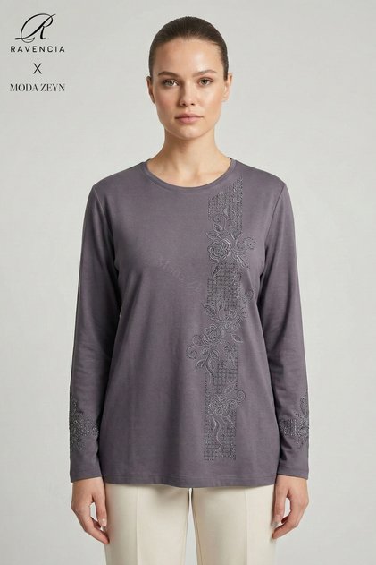 Women's Stripe Patterned Collar and Skirt Stoned Embroidered Slit Lycra Mother Combed Cotton Blouse