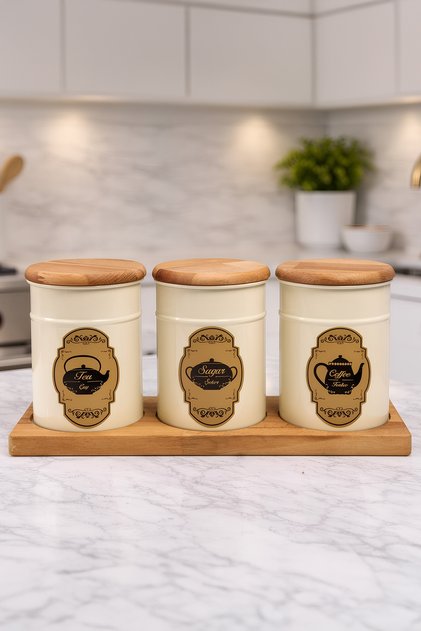 Cream Retro Metal 3-Piece Spice Set - Tea, Sugar, Coffee Jar Set with Wooden Stand and Vacuum Lid