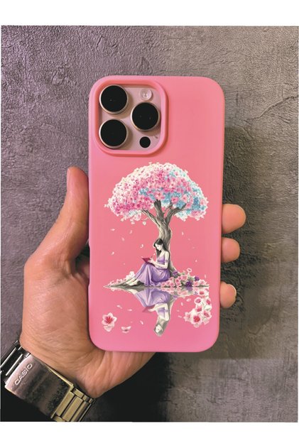 iPhone 13 Pro Max Compatible Girl Reading a Book under the Tree Patterned Pink Case