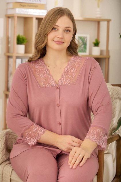 Pudra Ring Viskon Üç Çeyrek Kol Dantelli Düğmeli Büyük Beden Pijama Takım