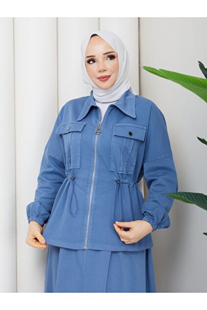 Women's Denim Suit Long Skirt and Zippered Jacket Two-Piece Set N-05499 _ Blue