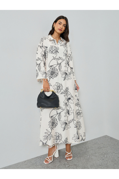 Floral Print Jalabiya with Round Drop Sleeve Trim