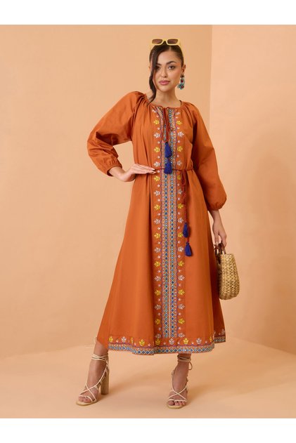 Orange Embroidered Neck Dori Midi Dress