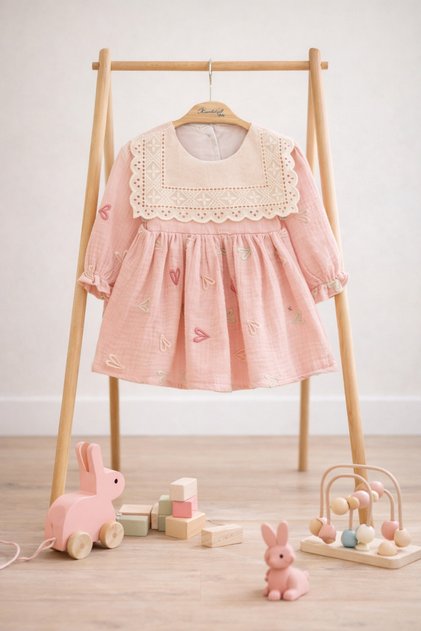 Baby Girl Vintage Style Lace Collar Detailed 100% Cotton Heart Embroidered Pink Dress 6-24 Months