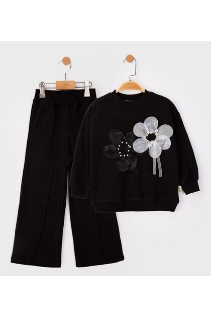 Flower Embroidered Girls' Black Tracksuit Set