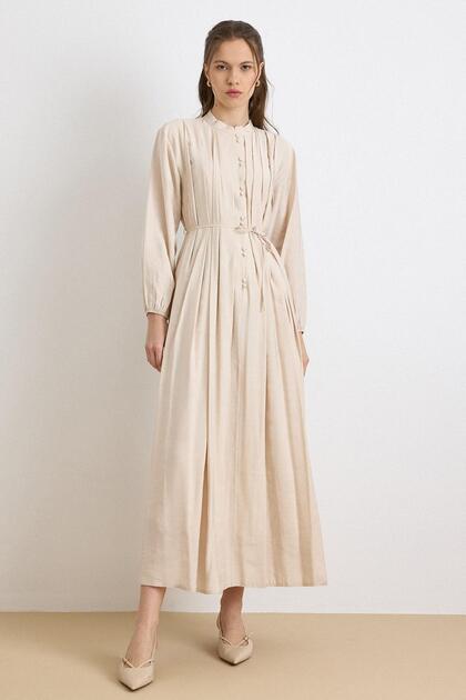 Olcay Button Closure Pleated Detailed Flared Dress Beige 9430-E- Trendyol Olcay Button Closure Pleated Detailed Flared Dress Beige 9430-E- Trendyol