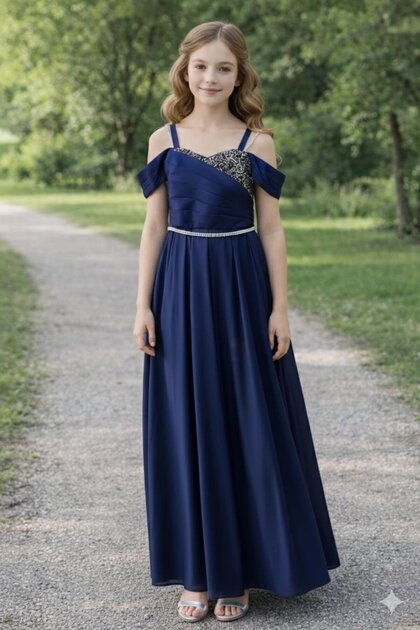 Tarz ocuk Teen Girls Evening Dress Navy Blue Long Gown  Stone Detailing  Prom, Wedding, and Engagement Dress- Trendyol