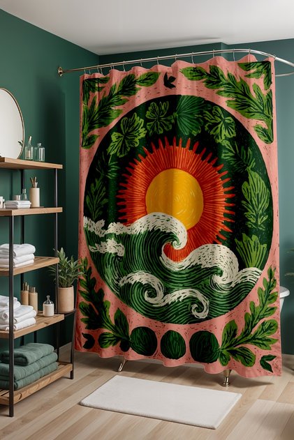 Bathroom Curtain, Coral Sunset Patterned Shower Curtain, Bathtub Curtain 175X200Cm