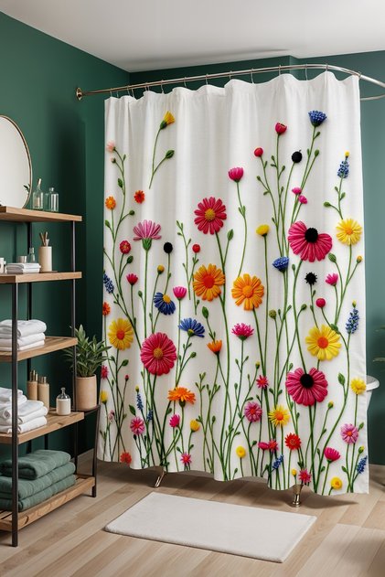 Bathroom Curtain, Colorful Embroidery Patterned Shower Curtain, Bathtub Curtain 175X200Cm