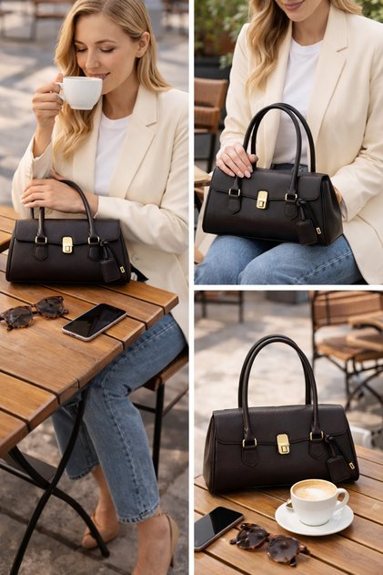 Women's Gold Lock and Charm Detailed Vintage Hand and Shoulder Bag