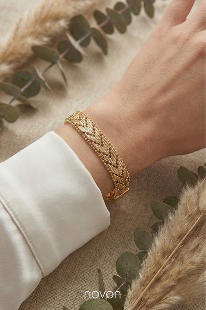 Premium Altın Kaplama Chervo Hasır Ezme Zincir El Yapımı Bileklik (18-19 CM)